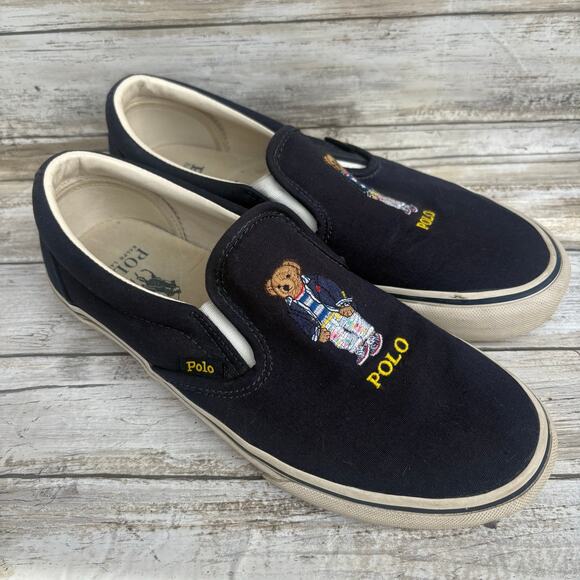 Polo Bear Ralph Lauren Shoes Sz 8 Keaton Slip on Sneakers Navy Blue Cotton Prep - Picture 2 of 12